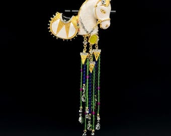 Vintage Deco Brooch,Art Deco Brooch,White Horse Brooch,Beaded Tassel Brooch,Court Style Brooch,Christmas Brooch,Party Brooch,Coat Brooch