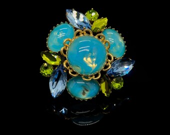 Vintage Deco Brooch,Art Deco Brooch,Colorful Lapel Brooch,Blue Enamel Brooch,Lustrous Glass Brooch,Elegant Brooch