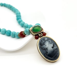 Vintage deco necklace, art deco pendant, portrait pendant, turquoise necklace, party necklace, birthday gift