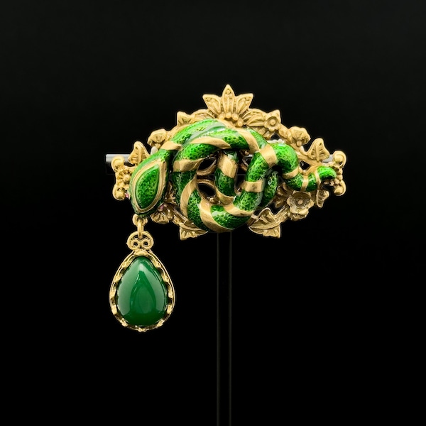 Vintage Enamel Snake Brooch, Art Deco Copper Pendant