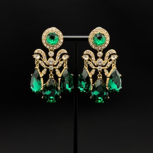 Vintage Large Art Deco Clip On Earrings, Emerald Green Gem Drop Tassel Clips, Birthday Gift for Her
