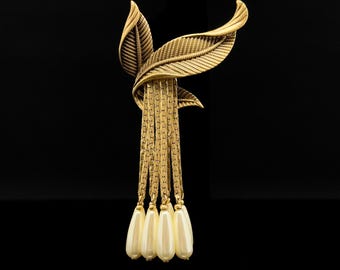 Vintage Art Deco Leaf Brooch, Gold-Plated Copper, Pearl Fringe