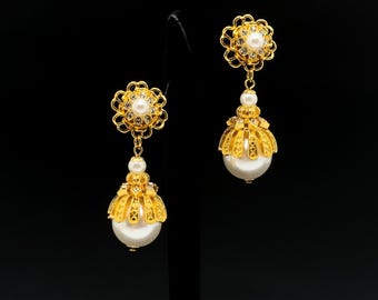 Vintage Art Deco Pearl Drop Earrings, Gold Plated Sterling Silver