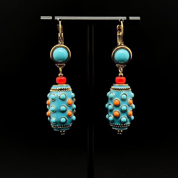 Vintage Turquoise Enamel Earrings, Ethnic Tribal Style