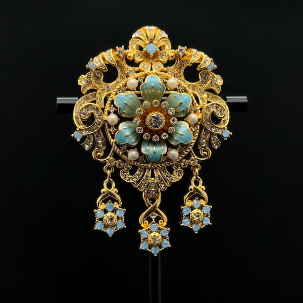 Vintage Stil Brosche, Floral Brosche, Perle Strass Emaille