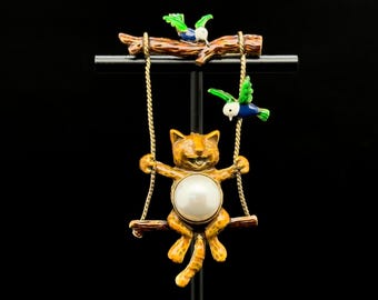 ヴィンテージスタイルの猫と鳥のケージブローチ/ペンダント - Etsy 日本
