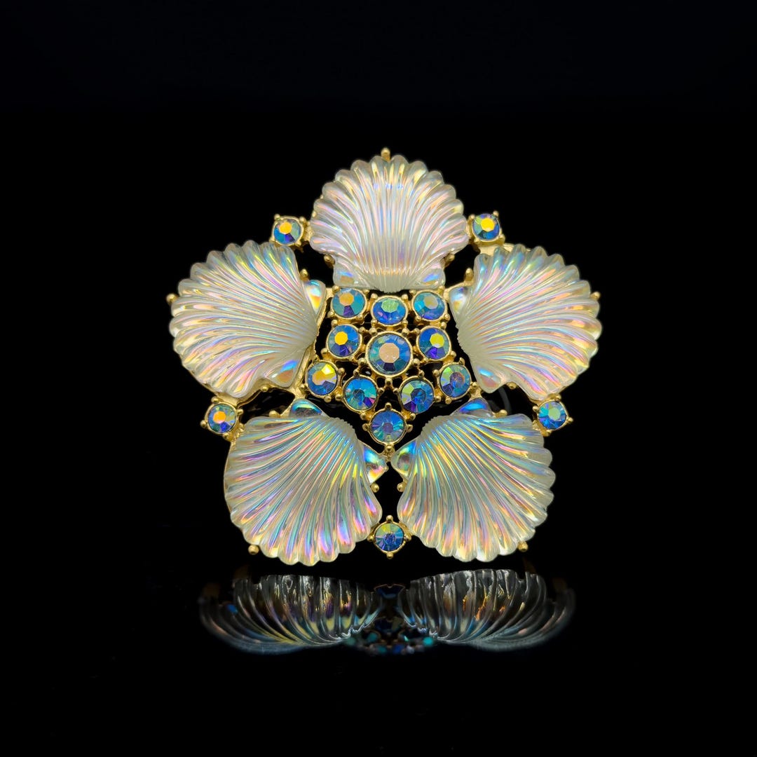 Art Deco Crystal Shell Flower Brooch Pin - Etsy