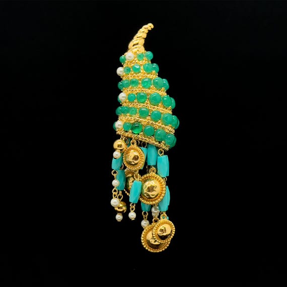 Handmade Art Deco Pearl Brooch, 18k Gold-Plated, Green Conch Shell Fringe