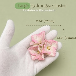 May include: A food-grade silicone mold for a large hydrangea cluster. The mold features a pink and white flower design. Dimensions are indicated as 2.64 inches in width and 2.56 inches in height. The text reads Large Hydrangea Cluster.