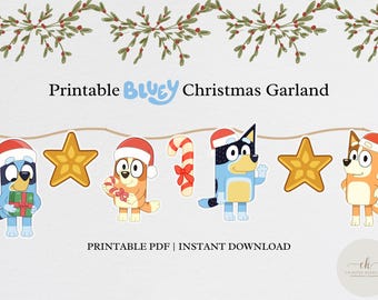 Bluey Christmas-afdrukbaar | Op blauw geïnspireerde slinger | Feestdecoraties voor de feestdagen | Kerstdecoratie voor kinderen | Zelf uitgesneden ornamenten | Afdrukbare banner