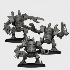 May include: Three unpainted grey plastic miniature robot figures standing on circular black bases. Each figure features mechanical armour, spiked shoulder plates, and various integrated weaponry including a chainsaw arm, a claw, and a cannon.