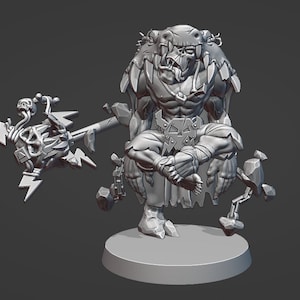 May include: A gray, detailed miniature figurine of a seated, muscular, orc-like creature with a skull-like staff. The creature is wearing a tattered cloak and has a skull-like belt. The staff has a skull at the top and lightning bolts coming out of it.
