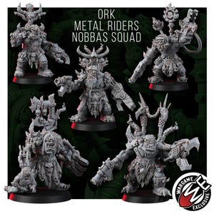 May include: A selection of grey Ork Metal Riders Nobbas Squad miniatures. Each figure is highly detailed, featuring intricate armour, weapons, and skull-like embellishments. The figures are posed on black bases, with the text "ORK METAL RIDERS NOBBAS SQUAD" displayed.
