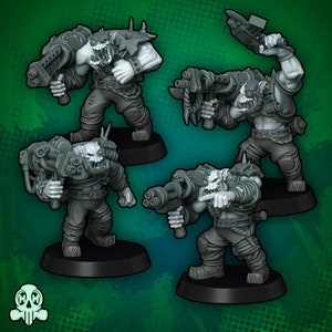 May include: Four gray plastic miniature figures of orcs, each holding a weapon and standing on a black circular base. The orcs are wearing armor and have detailed facial features.