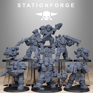 May include: A set of nine grey plastic miniature figures of orcs, goblins, and other fantasy creatures. The figures are posed in various fighting stances and are holding weapons such as axes, swords, and guns. The figures are all standing on round bases.