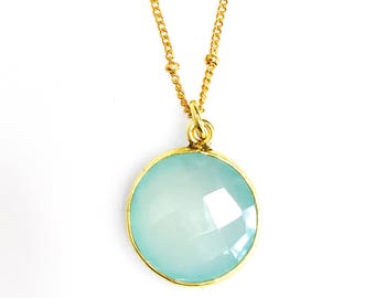 Gold Aqua Chalcedony Drop Necklace