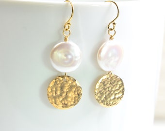 Hammered Coin Pearl Earrings