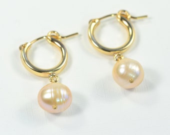 Gold Pink Pearl Huggie Hoop Earrings
