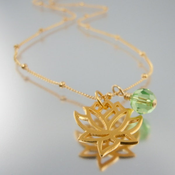 Gold Lotus Flower Necklace - Choose your birthstone color