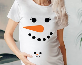 Snowman Face Maternity Christmas Couple Shirt, Christmas Pregnancy Announcement Outfit, Snowwoman and Snowman shirt, Matching Family Winter