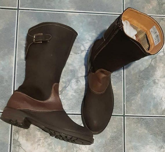 Tommy Hilfiger, Vintage Tommy Hilfiger Brown Leather Riding Boots Women, Two Tone Mid Calf Boots with Buckle and Plaid Lining, Unworn, EU 39