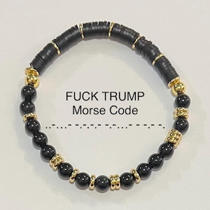 FUCK TRUMP MORSE Code w/ Black Obsidian Beads - Custom Friendship Bracelet - Handmade Jewelry - Men Women - Reject Project 2025 - No Fascism