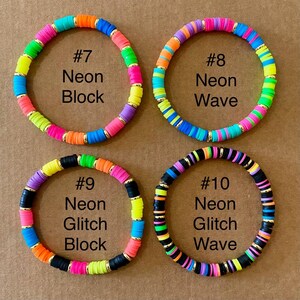 May include: Four colorful beaded bracelets with neon colors and gold accents. Each bracelet has a different design, with the text "#7 Neon Block", "#8 Neon Wave", "#9 Neon Glitch Block", and "#10 Neon Glitch Wave".