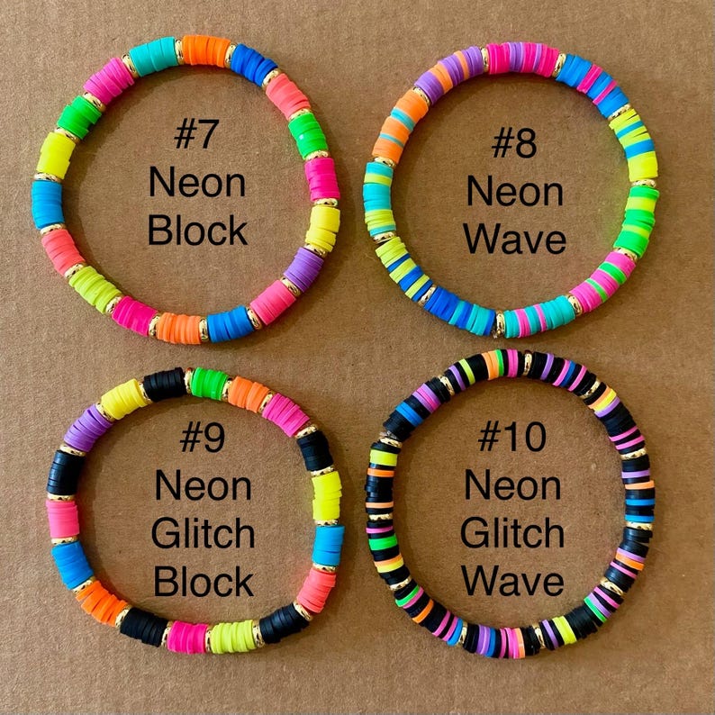 May include: Four colorful beaded bracelets with neon colors and gold accents. Each bracelet has a different design, with the text "#7 Neon Block", "#8 Neon Wave", "#9 Neon Glitch Block", and "#10 Neon Glitch Wave".