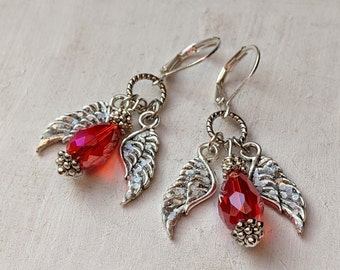Oorbellen Vintage engelenvleugels feestelijke oorbellen, zilver, rood, romantisch, bruids, bruiloft, elegant, sprankelend, levendige kleuren