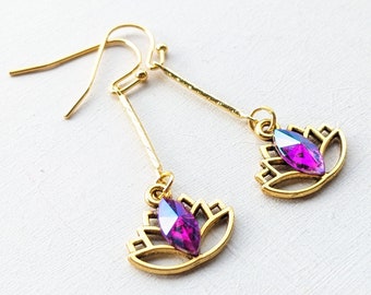 Earrings Lotus Flower Vintage Bohemian Chakra Meditation Yoga Purple Gold Rhinestones VividColors