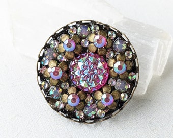 Vintage Brooch,Antique,Rhinestone,Flower,Pin,Fall,Autumn,Winter,Christmas,Rose Pink,Rainbow,One of a kind,VividColors