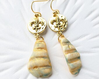 Earrings Shell Fleur de Lis Antique Vintage Bohemian Boho Chic Gold Sun Beach Sand Vacation VividColors