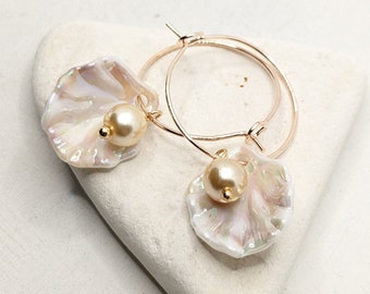 Delicate Shell and Pearl Hoops Earrings,Vintage Bohemian,Rosegold,Romantic,Bride,Beach Wedding,Valentines Day,Bridesmaids,VividColors