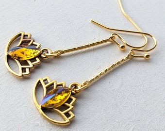 Earrings Lotus Flower Vintage Bohemian Chakra Meditation Yoga Yellow Gold Rhinestones VividColors