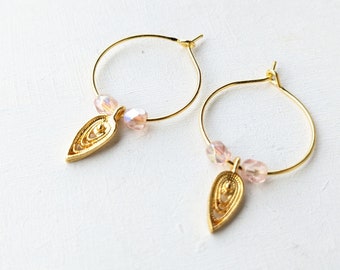 Earrings, Hoops, Vintage Bohemian, Gold, Rose pink, Leaf, Romantic, ancient greece Bridesmaids, VividColors