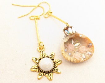 Earrings Antique Vintage Bohemian Boho Chic Gold White Pink Rose Flower Sun Rhinestone Shell VividColors