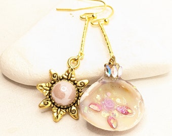 Earrings Antique Vintage Bohemian Boho Chic Gold Pink Rose Flower Sun Rhinestone Shell VividColors