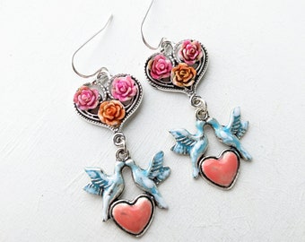 Earrings Vintage Dove White Blue Heart Coral Red Rose Pink Winter Christmas Silver Romantic Nostalgic Love Birds Valentins Day VividColors