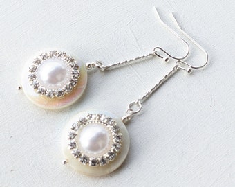 Earrings Vintage Bridal, Romantic, Mother of Pearl, MOP, Victorian Wedding, Filigree, White pearl Flower, Rhinestones, VividColors