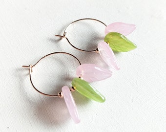 Earrings, Hoops, Vintage Bohemian, Rosegold, Flower, Rose, Green,Spring Leaf, Romantic, Bridesmaids, VividColors