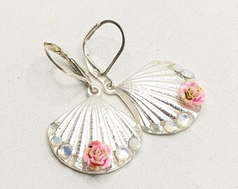 Earrings Shell Vintage Bohemian Silver Pink Rose Rhinestone VividColors