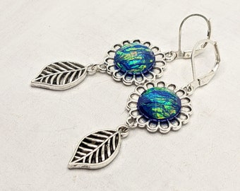 Earrings, Vintage, Silver, Blue, Leaf, Flower, Bohemian, Romantic, VividColors