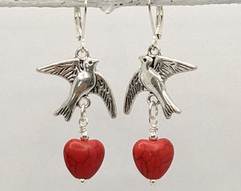 Red Stone Heart Silver Bird Earrings Romantic Swallow Valentines Day Birthday Present Octoberfest Leverback VividColors