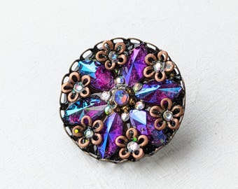 Vintage Brooch, Antique, Rhinestone,Flower, Pin, Fall, Autumn, Winter, Christmas, Purple,fuchsia,Rainbow, One of a kind, VividColors