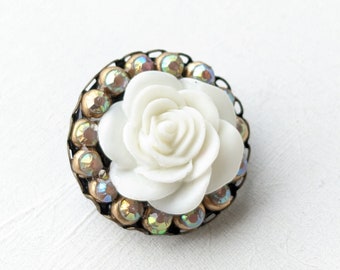 Vintage Brooch, Antique, White Rose Rhinestone,Taupe,Flower, Pin, Fall, Autumn, Winter, Christmas, Rainbow, One of a kind, VividColors