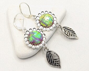Earrings, Vintage, Silver, Purple, Leaf, Flower, Bohemian, Romantic, VividColors