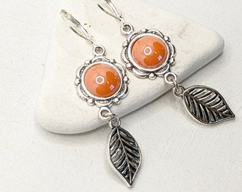 Earrings Vintage Bohemian Silver Orange Leaf FlowerCabochon Romantic VividColors Handmade