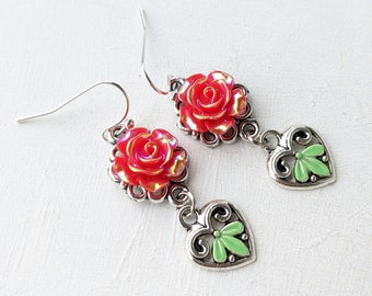 Earrings Vintage Nostalgic Green Heart Coral Red Rose Winter Christmas Silver Romantic Nostalgic Love Valentins Day VividColors