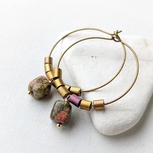Earrings,Hoops,Unakite Jasper,Heart Chakra Healing,Energy Stone,Meditation Lucky Charm,Bohemian,Boho Chic,Bronze,VividColors