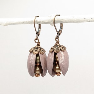 Vintage Bridal Earrings Nature Inspired Pistachio Pod Copper Taupe Pearl Fairy Romantic Elegant, Vintage inspired,Flower,VividColors